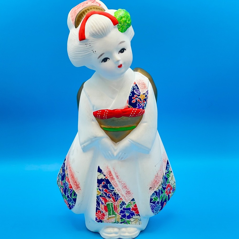 Vintage Japanese Hakata Doll Geisha Girl White Kimono‎ Kyoto Floral Hand Painted